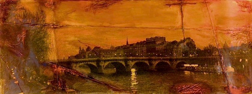 “Bridge, Paris” 1998 (ink on photocollage, 23 x 61") Private collection.