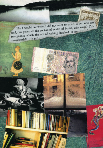 “Why Write?” 1994 (mixed media collage on paper, 7 x 5")