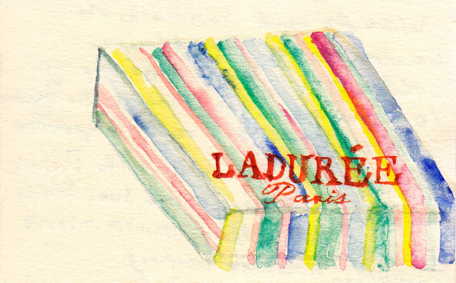 “In Ladurée a polite young woman slips her hand into a surgeon’s glove, takes colorful <em>macarons</em> from the rows on display, and nestles them one by one into a tissue-lined box. ‘So <em>Franche</em>,’ Wendy says.”