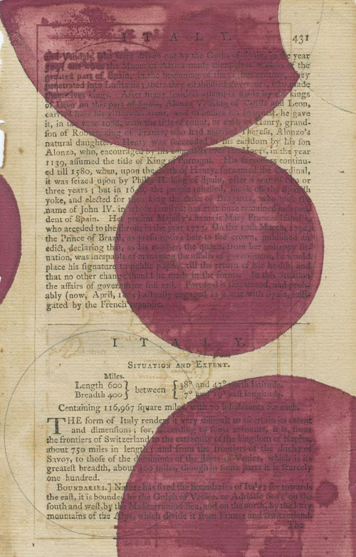 “Situation and Extent” 2014 (ink and graphite on 18th c. paper, 8.5 x 5.25")